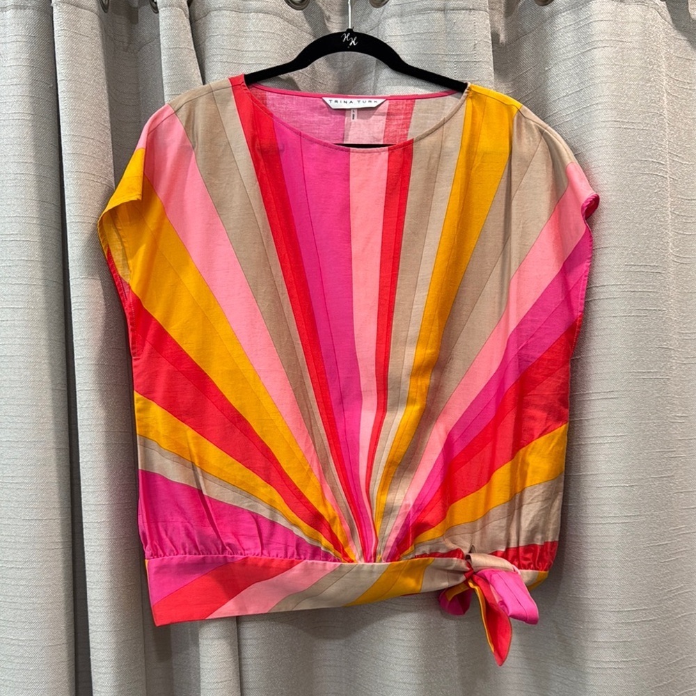 Trina Turk 100% Cotton Pink Yellow Beige side Tie Front Blouse Size L - Picture 2 of 8